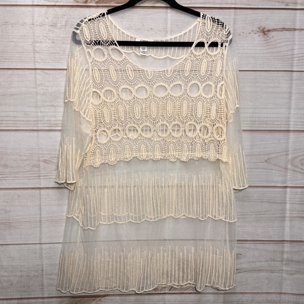 Cato Woman Cream Crochet Lace Mesh Tiered Tunic Top Plus Size 18/20W Ivory Boho